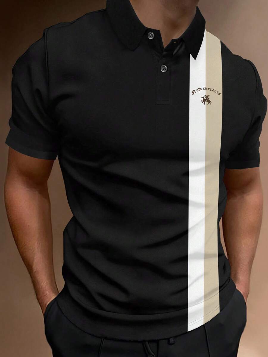 Manfinity Homme Áo thun có cổ Nam Nút phía trước Khối Màu Lá thư Giải trí - màu đen - Xem 1