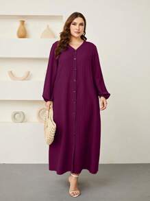 Graceveil Plus Lantern Sleeve Button Front Dress Maxi Women Outfit Modest Fall Cloth For Women - Red Violet - View 3