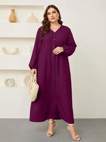 Graceveil Plus Lantern Sleeve Button Front Dress Maxi Women Outfit Modest Fall Cloth For Women - Red Violet - View 7