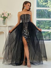 Missord Contrast Sequin Mesh Overlay Tube Formal Dress - Black - View 5