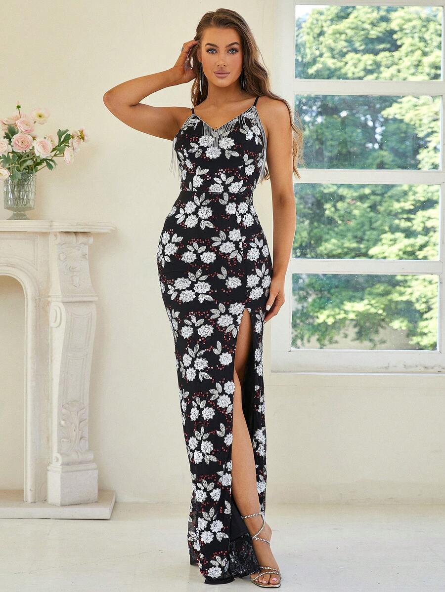 Missord Đầm Lộ Lưng Dây kéo Tách cao Hoa Buổi tiệc - màu đen - Xem 1