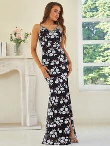 Missord Đầm Lộ Lưng Dây kéo Tách cao Hoa Buổi tiệc - màu đen - Xem 4