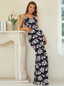 Missord Đầm Lộ Lưng Dây kéo Tách cao Hoa Buổi tiệc - màu đen - Xem 7