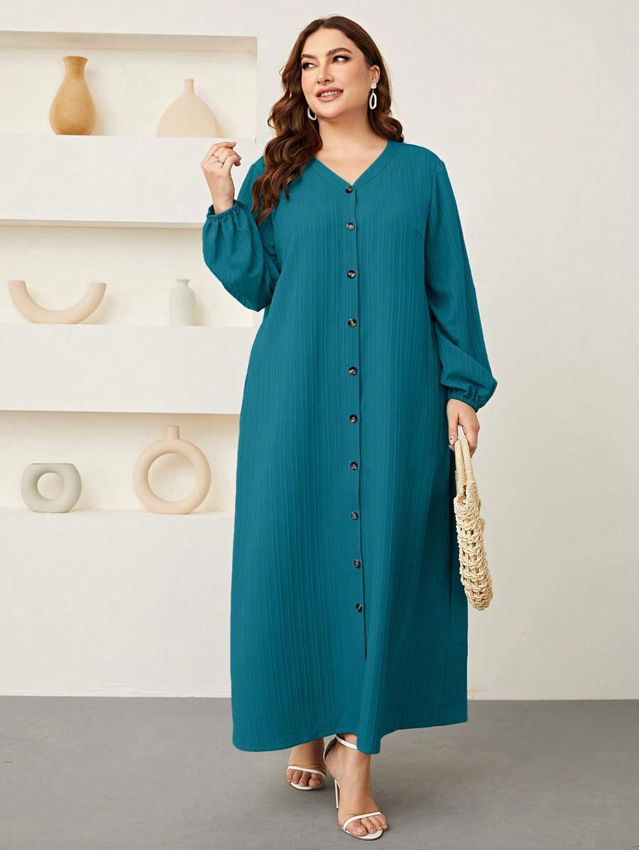 Mulvari Plus Lantern Sleeve Button Front Dress Maxi Women Outfit - Teal Blue - View 1