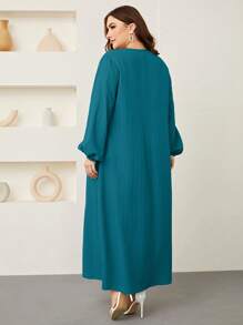 Mulvari Plus Lantern Sleeve Button Front Dress Maxi Women Outfit - Teal Blue - View 2
