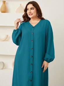 Mulvari Plus Lantern Sleeve Button Front Dress Maxi Women Outfit - Teal Blue - View 4