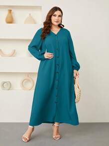 Mulvari Plus Lantern Sleeve Button Front Dress Maxi Women Outfit - Teal Blue - View 5