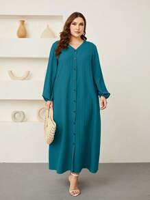 Mulvari Plus Lantern Sleeve Button Front Dress Maxi Women Outfit - Teal Blue - View 6