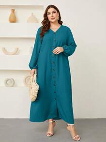 Mulvari Plus Lantern Sleeve Button Front Dress Maxi Women Outfit - Teal Blue - View 7