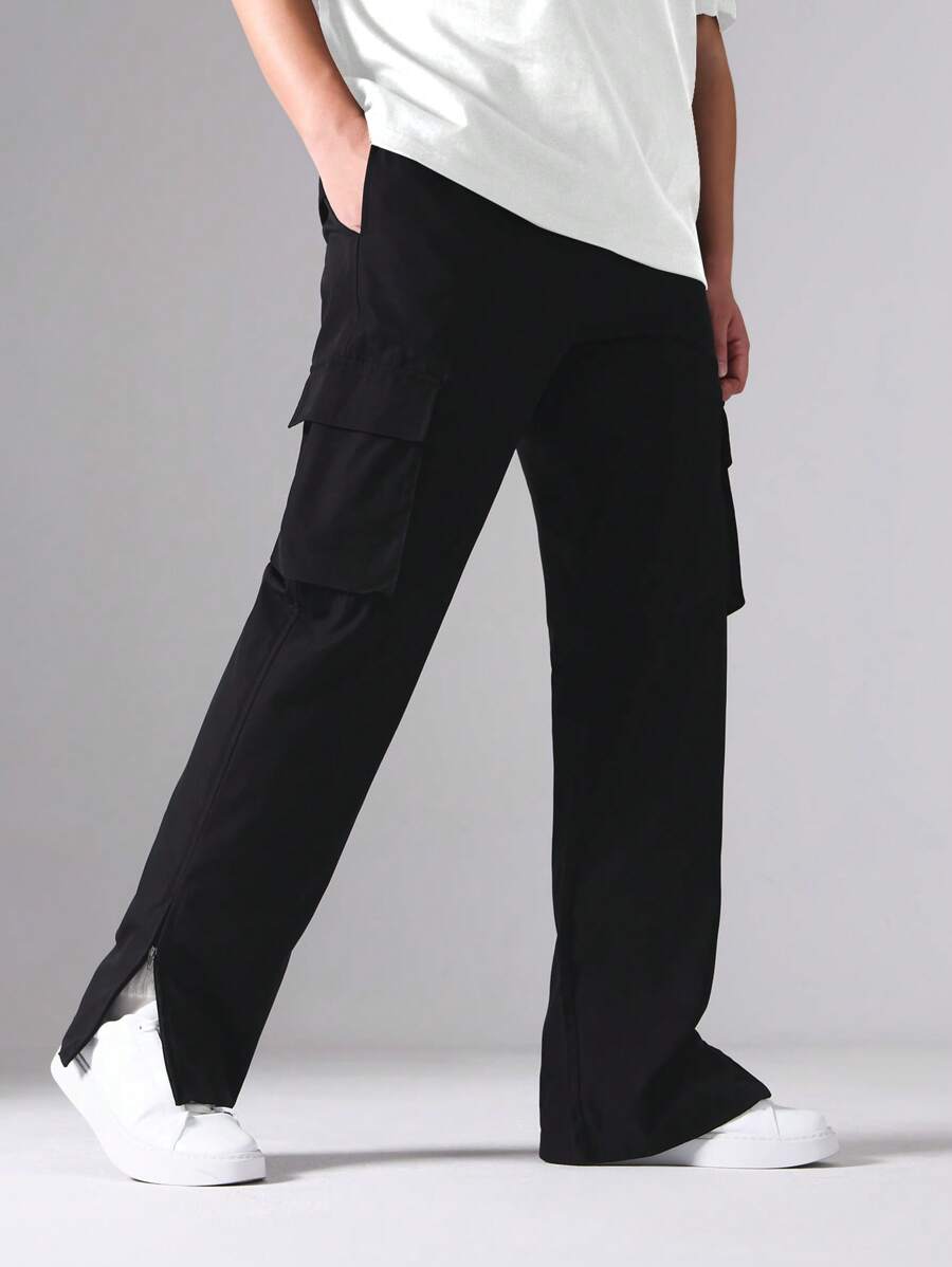 Manfinity Homme Men Flap Pocket Side Split Hem Cargo Trousers - Black - View 1