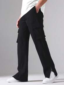 Manfinity Homme Men Flap Pocket Side Split Hem Cargo Trousers - Black - View 3