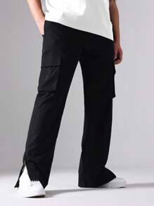 Manfinity Homme Men Flap Pocket Side Split Hem Cargo Trousers - Black - View 5