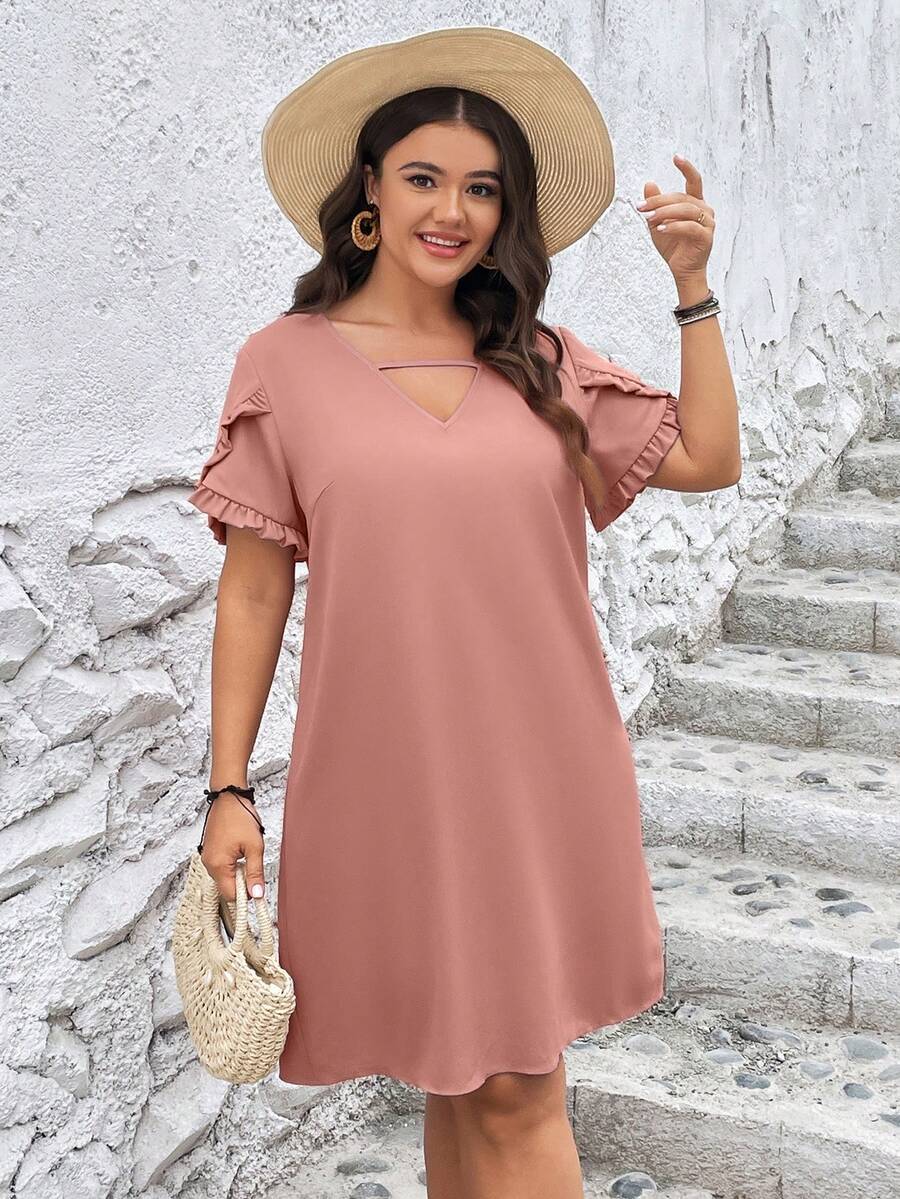 SHEIN LUNE Đầm Plus Size Cắt ra viền lá sen màu trơn Giải trí - Bụi hồng - Xem 1