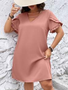 SHEIN LUNE Đầm Plus Size Cắt ra viền lá sen màu trơn Giải trí - Bụi hồng - Xem 3