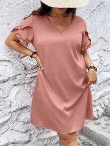 SHEIN LUNE Đầm Plus Size Cắt ra viền lá sen màu trơn Giải trí - Bụi hồng - Xem 4
