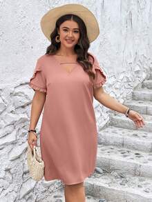 SHEIN LUNE Đầm Plus Size Cắt ra viền lá sen màu trơn Giải trí - Bụi hồng - Xem 5