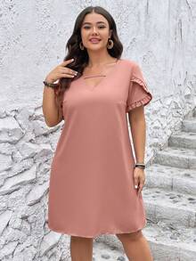 SHEIN LUNE Đầm Plus Size Cắt ra viền lá sen màu trơn Giải trí - Bụi hồng - Xem 6