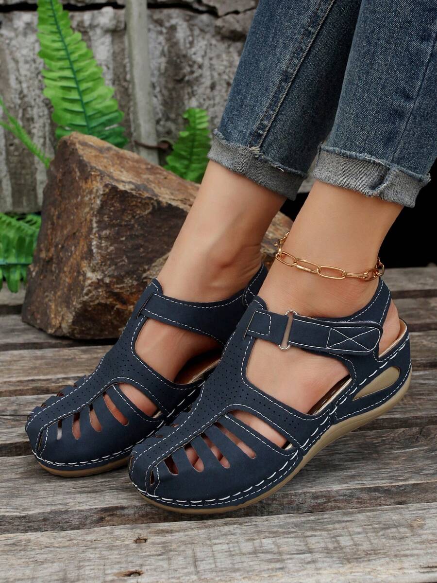 Trendy Comfortable Blue HookAndLoop Wedge Heel Beach Sandals For
