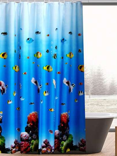 1 pieza Cortina de ducha con estampado de peces, cortina de ducha moderna de PEVA impermeable para decoración del baño del hogar, decoración de otoño, accesorios de baño, de vuelta a la escuela