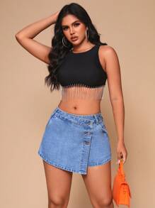 SHEIN SXY 前紐扣牛仔裙褲 - 淺色水洗藍 - 查看 1