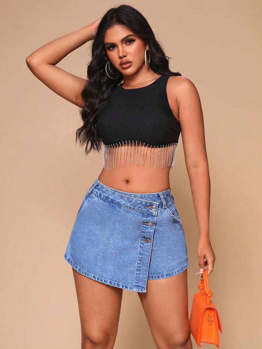 SHEIN SXY 前紐扣牛仔裙褲 - 淺色水洗藍 - 查看 1