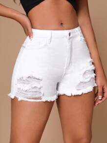 SHEIN SXY Shorts mezclilla desgarro bajo crudo - Blanco - Ver 1