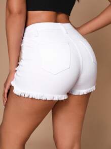 SHEIN SXY Shorts mezclilla desgarro bajo crudo - Blanco - Ver 2