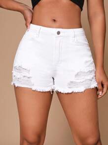 SHEIN SXY Shorts mezclilla desgarro bajo crudo - Blanco - Ver 3