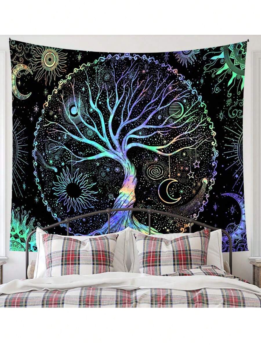 1入組樹和月紋復古織物多尺寸牆毯適用於家庭墻面裝飾 - 彩色 - 查看 1