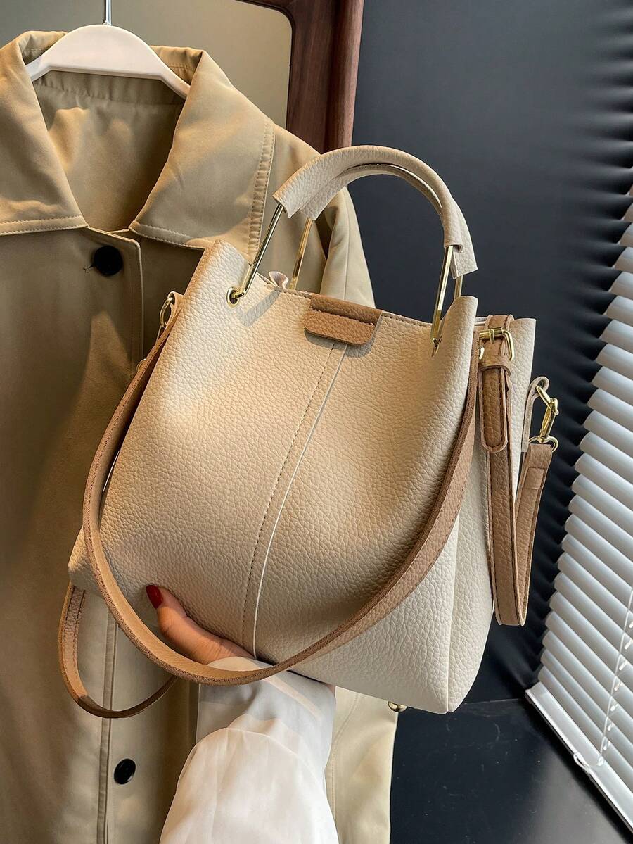 Litchi Embossed Satchel Bag Two Tone Double Handle - Beige - View 1