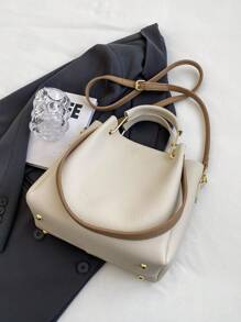 Litchi Embossed Satchel Bag Two Tone Double Handle - Beige - View 2