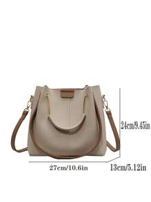 Litchi Embossed Satchel Bag Two Tone Double Handle - Beige - View 3