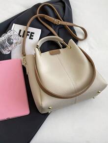 Litchi Embossed Satchel Bag Two Tone Double Handle - Beige - View 4