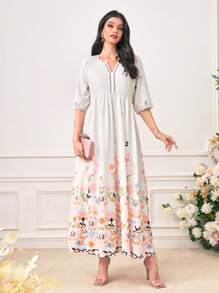 Al Najma Geo Print Notched Neckline Dress - White - View 1