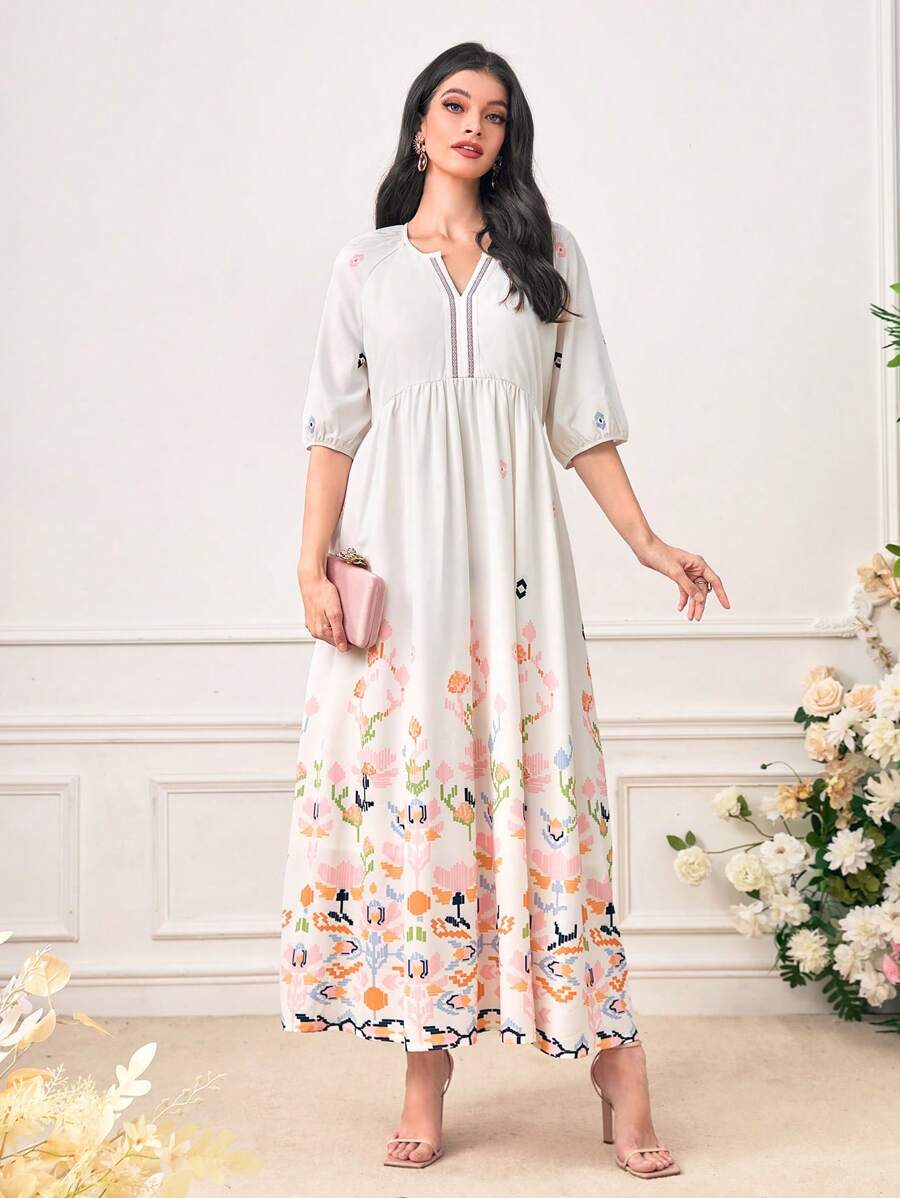 Al Najma Geo Print Notched Neckline Dress - White - View 1