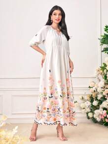 Al Najma Geo Print Notched Neckline Dress - White - View 4