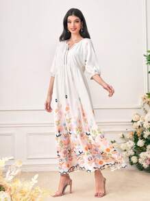 Al Najma Geo Print Notched Neckline Dress - White - View 5