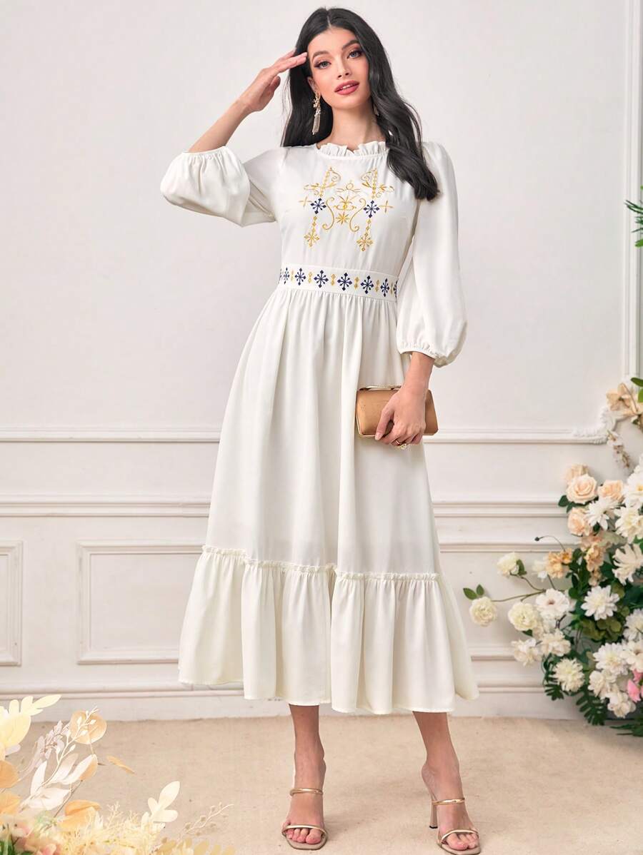 Seusyu 刺繡燈籠袖荷葉邊連衣裙 - 白色 - 查看 1
