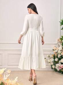 Seusyu 刺繡燈籠袖荷葉邊連衣裙 - 白色 - 查看 2