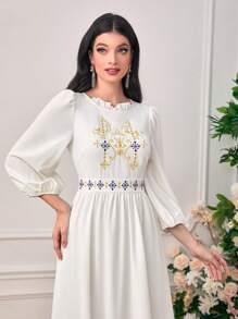 Seusyu 刺繡燈籠袖荷葉邊連衣裙 - 白色 - 查看 3