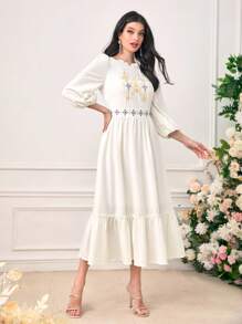Seusyu 刺繡燈籠袖荷葉邊連衣裙 - 白色 - 查看 4