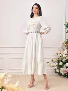 Seusyu 刺繡燈籠袖荷葉邊連衣裙 - 白色 - 查看 5
