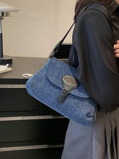 Minimalist Flap Shoulder Bag Buckle Decor Denim
