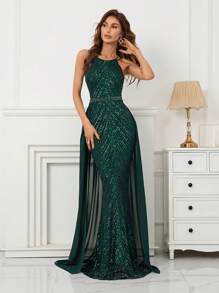 Contrast Mesh Sequin Formal Dress Elegant Prom Evening Wedding Guest Gown, For Graduation, Dinner Party Dress - Green - View 1