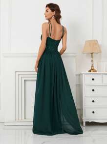 Contrast Mesh Sequin Formal Dress Elegant Prom Evening Wedding Guest Gown, For Graduation, Dinner Party Dress - Green - View 2