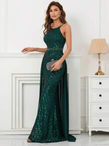 Contrast Mesh Sequin Formal Dress Elegant Prom Evening Wedding Guest Gown, For Graduation, Dinner Party Dress - Green - View 5