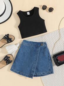 SHEIN Young Girl Ribbed Knit Vest Top And Denim Skort Sets, Summer