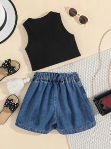 SHEIN Young Girl Ribbed Knit Vest Top And Denim Skort Sets, Summer