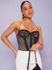 SHEIN BAE Lace Trim Backless Halter Top - Black - View 3