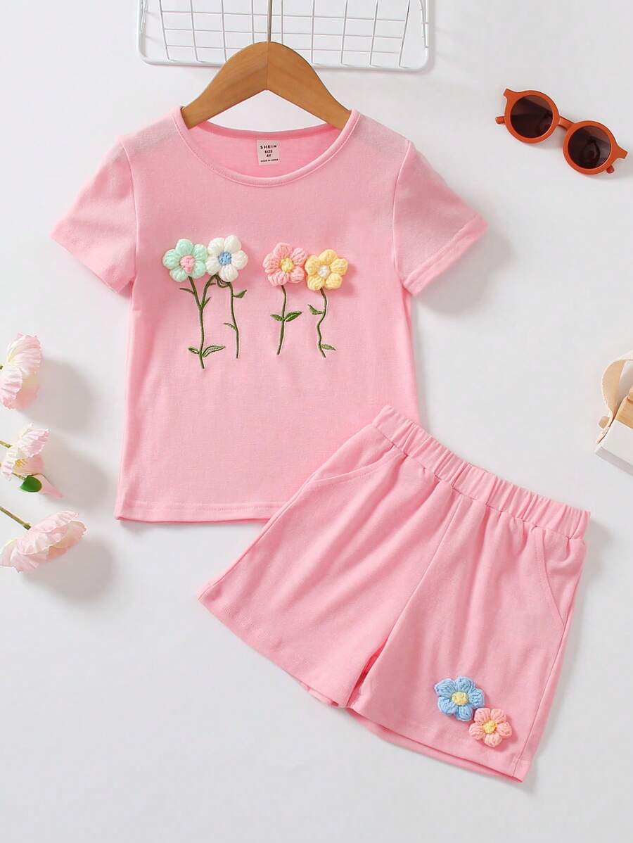 Bộ thời trang bé gái Đề can Hoa Giải trí - Hồng - Xem 1